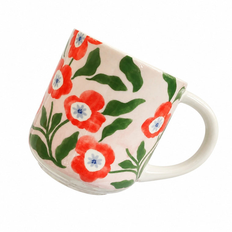 Ceramic Cup 400ml, Oil-Painting Red Floral Design, Tea Coffee Mug - product view 1