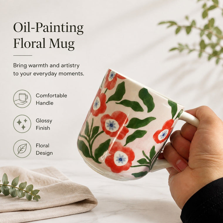 Ceramic Cup 400ml, Oil-Painting Red Floral Design, Tea Coffee Mug - detail 1