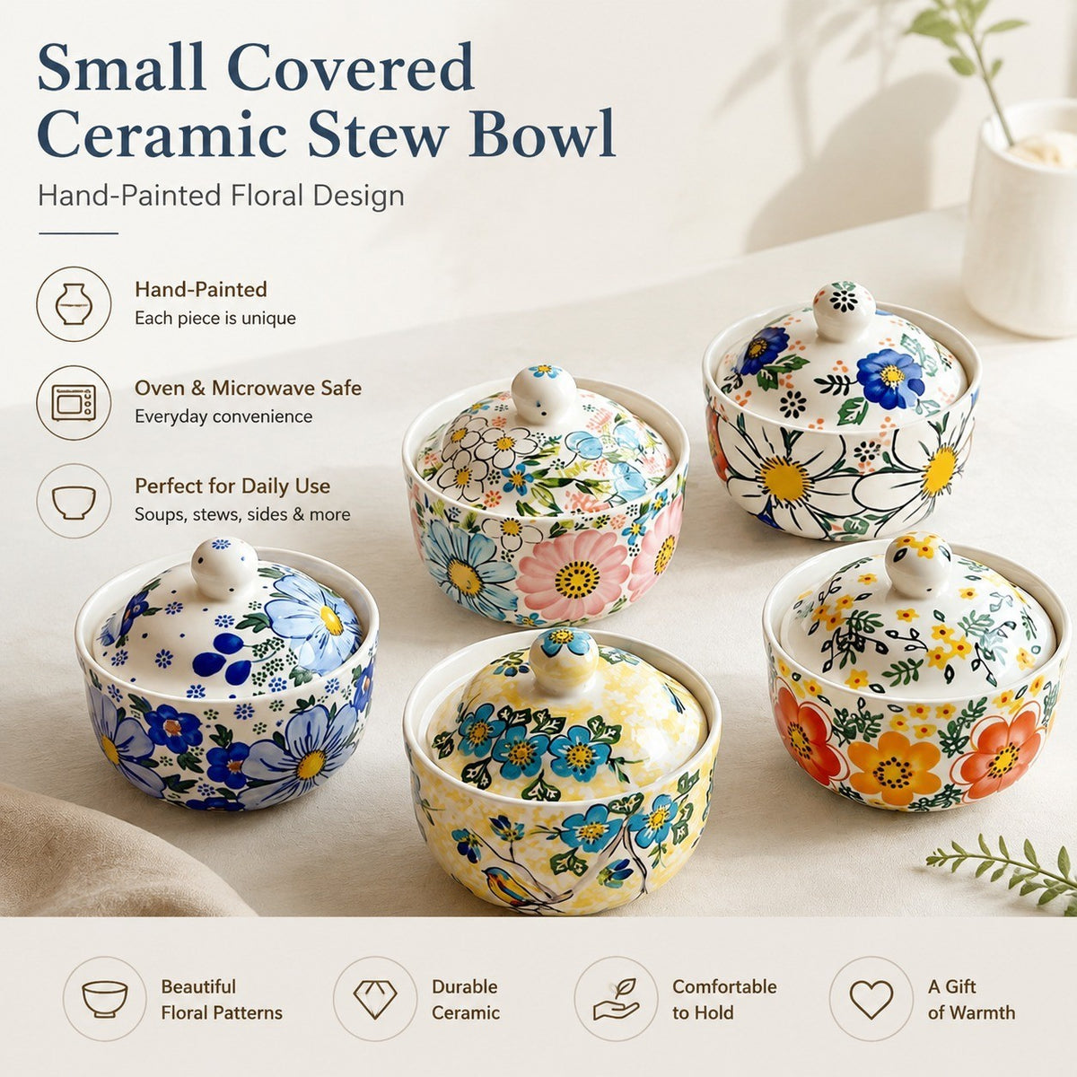 Small Covered Ceramic Stew Bowl, Hand-Painted - detail 1