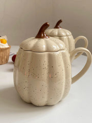Polka-Dot Pumpkin Ceramic Cup with Lid, 400 ml, Cute Fall Mug - detail 3