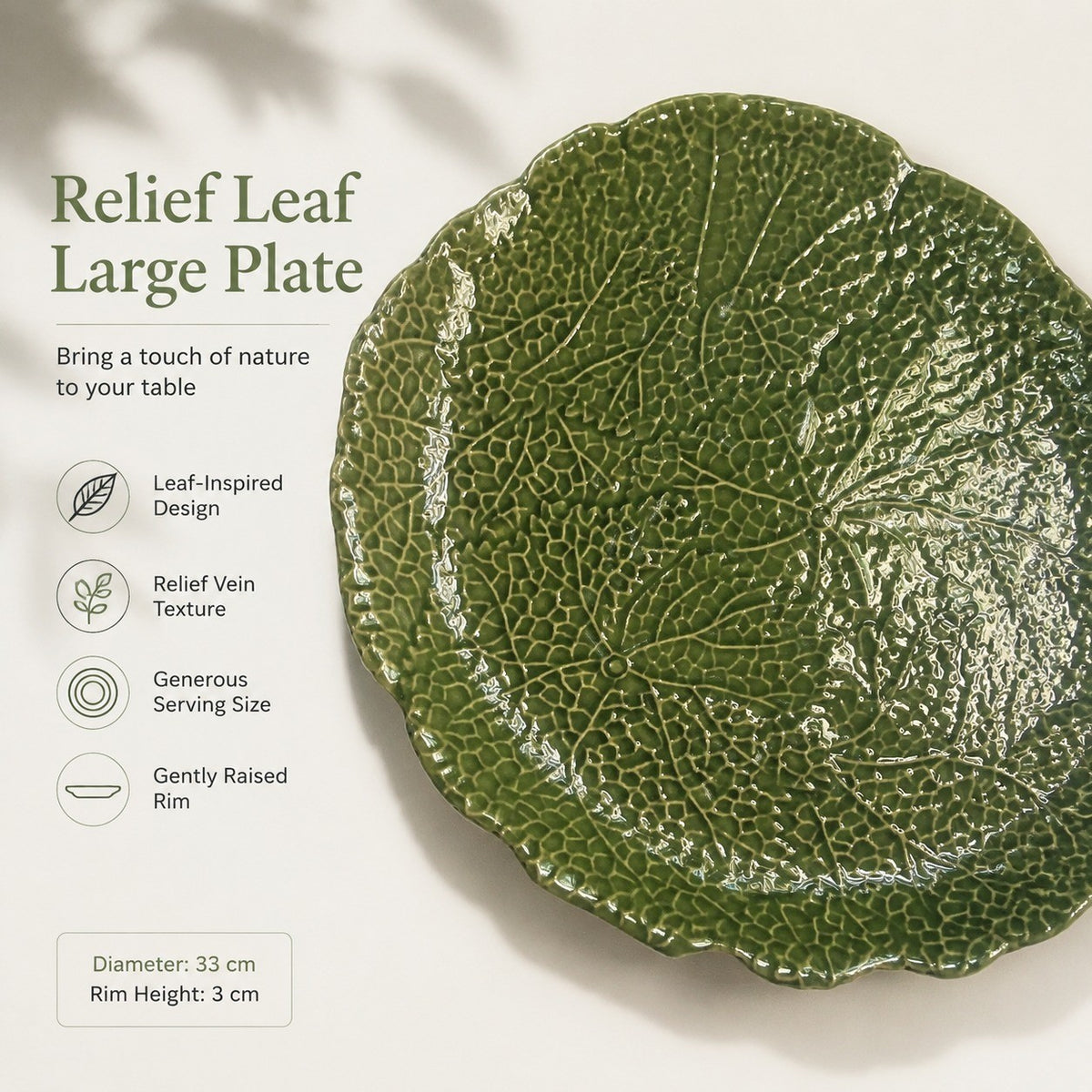 Relief Leaf Ceramic Plate, Large 33 x 3 cm, Underglaze Decorative Dinnerware - detail 3