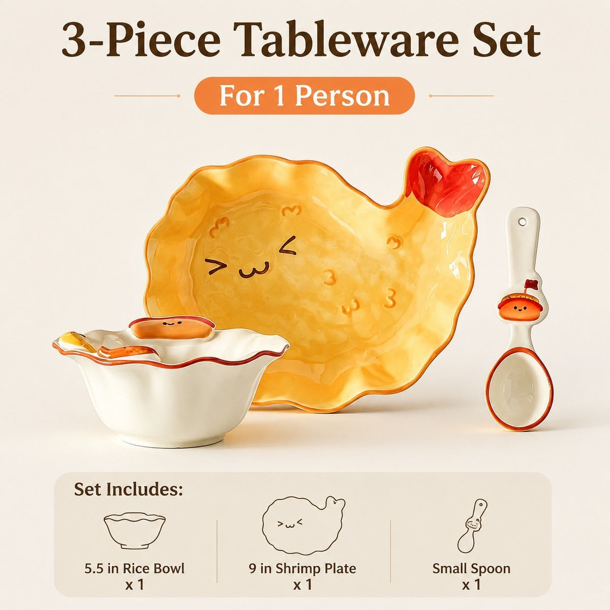 Underglaze Porcelain Plate 9 Inch, Fried Shrimp Design Dinnerware Set - detail 1