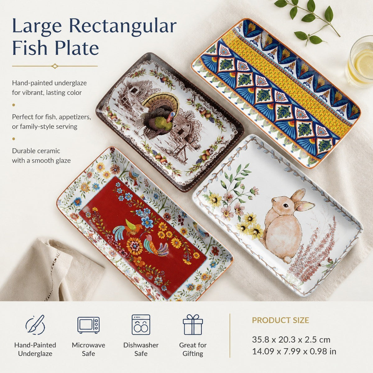 Large Rectangular Fish Plate, Underglaze Pottery, 35.8cm - detail 2
