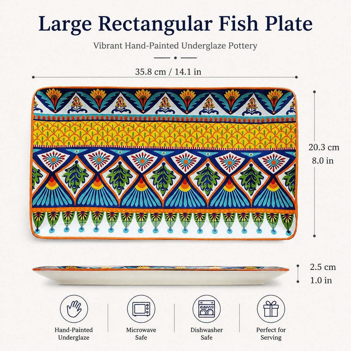 Large Rectangular Fish Plate, Underglaze Pottery, 35.8cm - detail 1