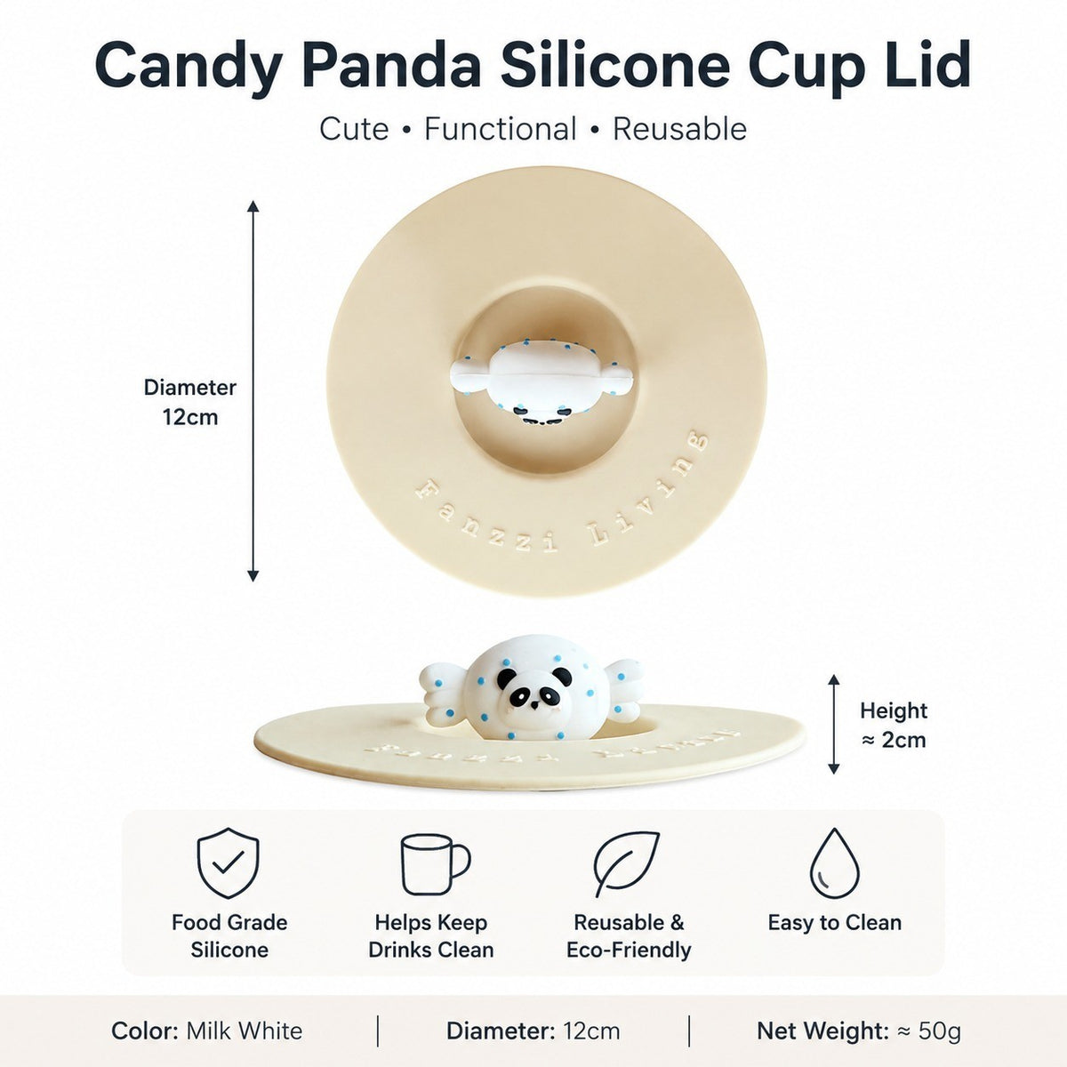 Candy Panda Decorative Cup Lid, Cream White Silicone, Reusable Drink Cover - detail 1
