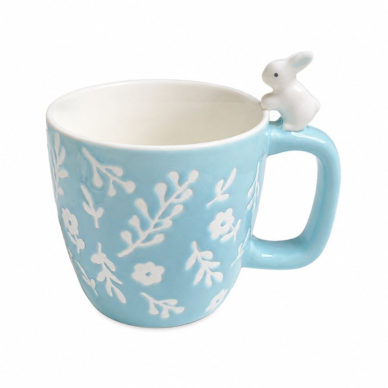 Pink Rabbit Ceramic Cup with White Flowers, 400 ml, Relief Detail - product view 1