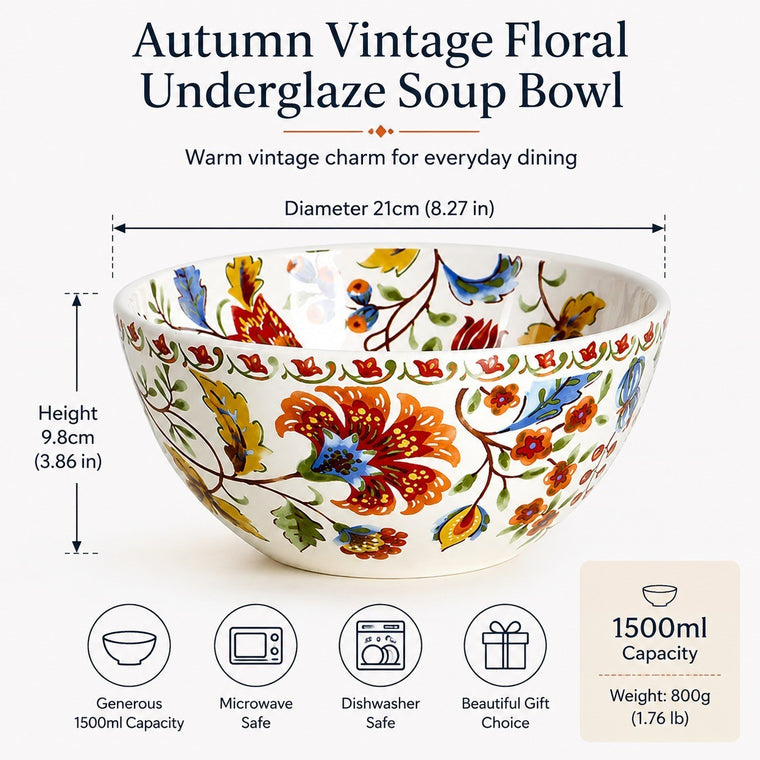 Autumn Vintage Floral Underglaze Pottery Soup Bowl, Multicolor, 1500ml - detail 1