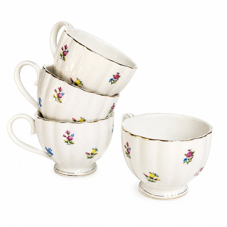 White Base Small Floral Ceramic Cup, 120 ml, Gold Painted Detail - product view 2