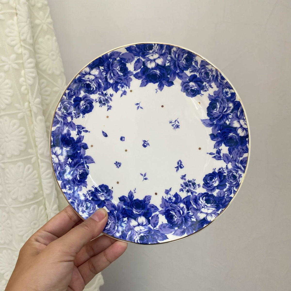 Blue Peony Ceramic Plate, 7.5 Inch, Gold Painted Detail, Dinnerware - detail 1