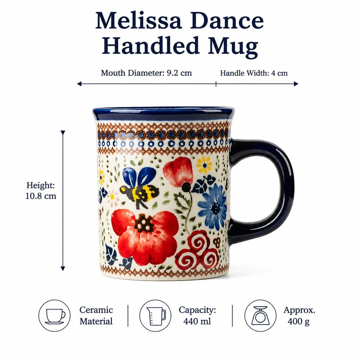 Melissa Dance Handled Mug, Vermilion, Ceramic Coffee Tea Cup - detail 1