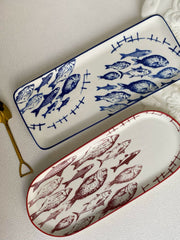 Oval Ceramic Fish Platter, Underglaze Decorative Serving Dish - detail 2