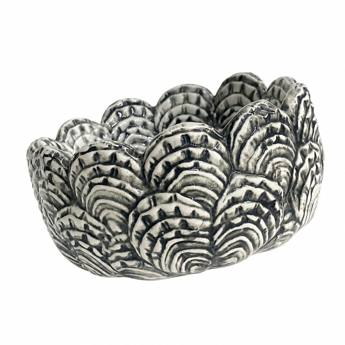 Pedestal Black Feather Relief Ceramic Bowl, Hand-Painted - product view 1
