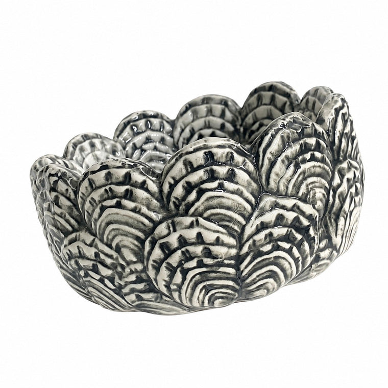 Pedestal Black Feather Relief Ceramic Bowl, Hand-Painted - product view 1
