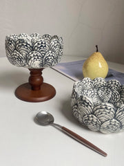 Pedestal Black Feather Relief Ceramic Bowl, Hand-Painted - detail 2