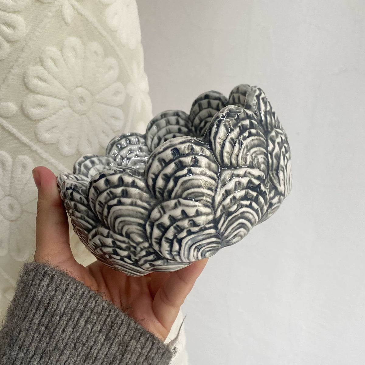 Pedestal Black Feather Relief Ceramic Bowl, Hand-Painted - detail 1
