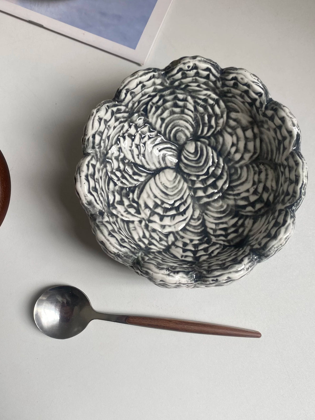 Pedestal Black Feather Relief Ceramic Bowl, Hand-Painted - detail 3