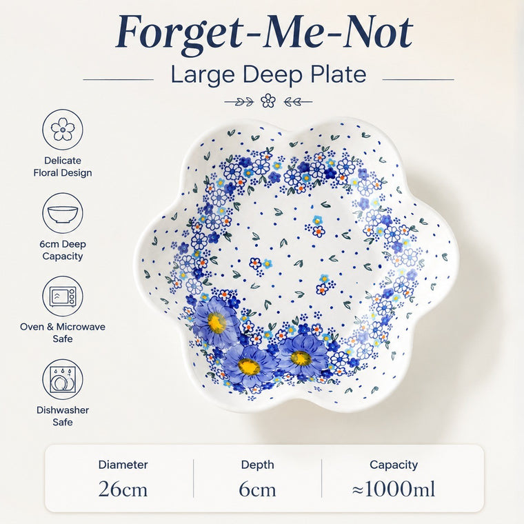 Forget-Me-Not Underglaze Porcelain Deep Plate, Large Flower, 6cm Deep - detail 1