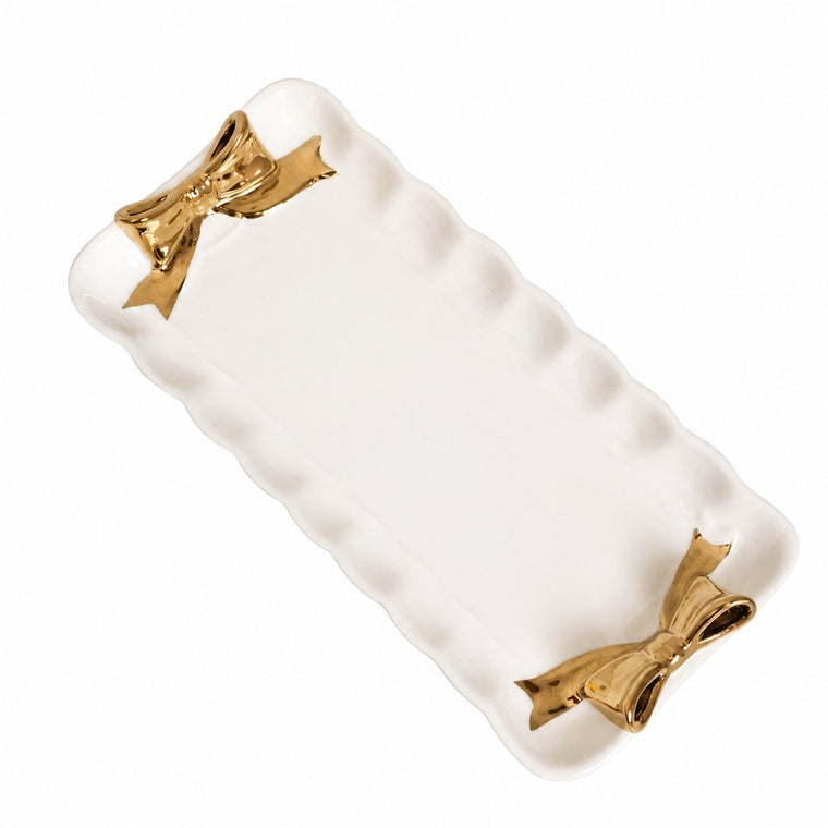 Gold Bow Rectangular Ceramic Plate, Elegant Serving Dish - product view 1
