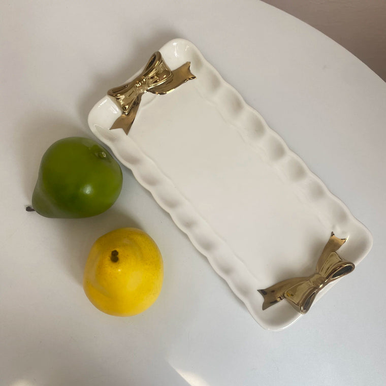 Gold Bow Rectangular Ceramic Plate, Elegant Serving Dish - detail 1