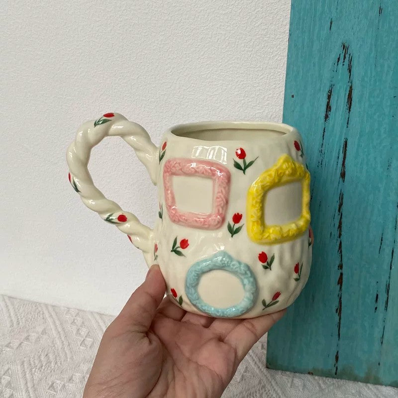 Pale Yellow Ceramic Mug, Hand-Painted, 430 ml, Coffee Tea Cup - detail 1