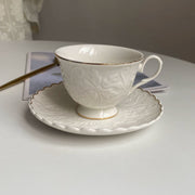 Raspberry Relief Gold Detail Cup and Saucer Set, 2 Cups 2 Saucers with Stand - detail 1