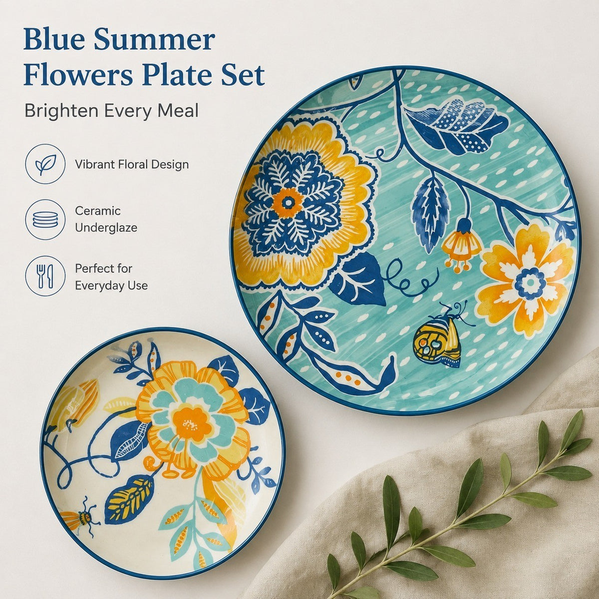 Blue Summer Flowers Ceramic Plate 7.8 Inch, Underglaze Decorative Dinnerware - detail 3
