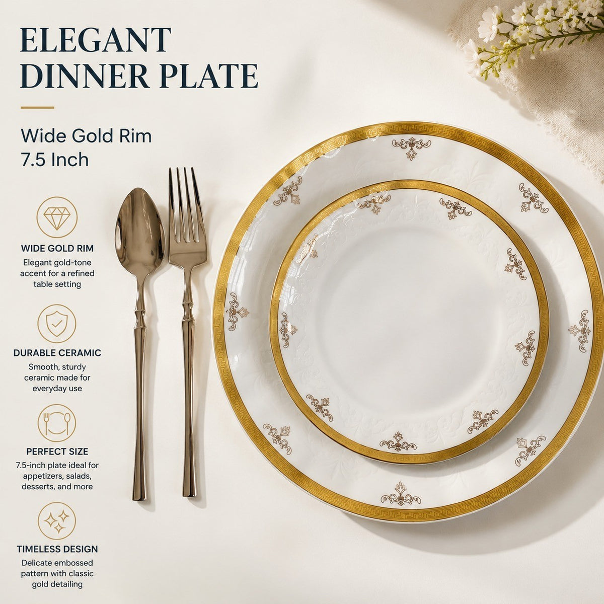 Wide Gold Rim Ceramic Plate 7.5 Inch, Elegant Dinnerware - detail 2