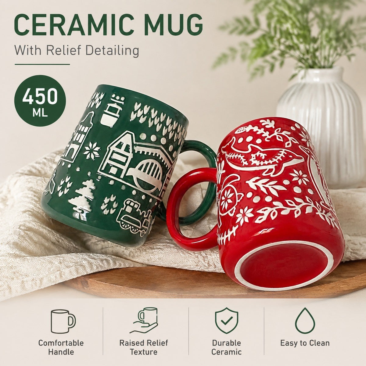Red Whale Ceramic Mug, 450ml, Relief Detailing - detail 3