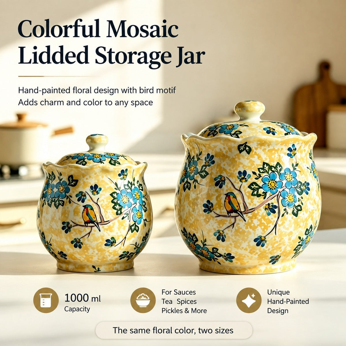 Ceramic Lidded Storage Jar, Small 1000ml, Hand-Painted - detail 2