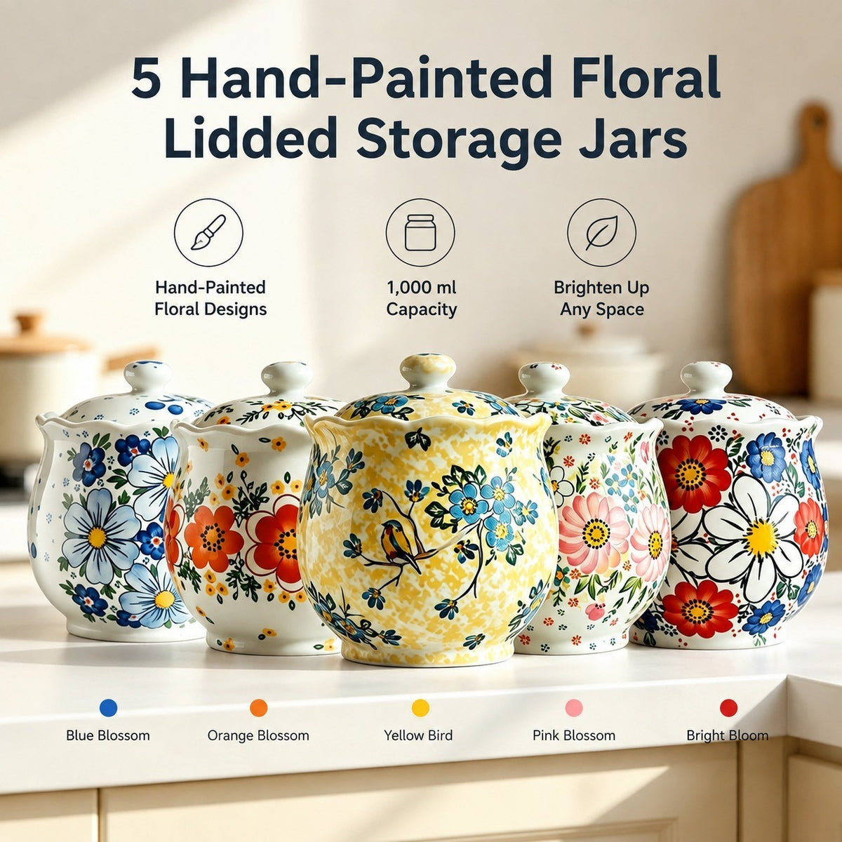 Ceramic Lidded Storage Jar, Small 1000ml, Hand-Painted - detail 3