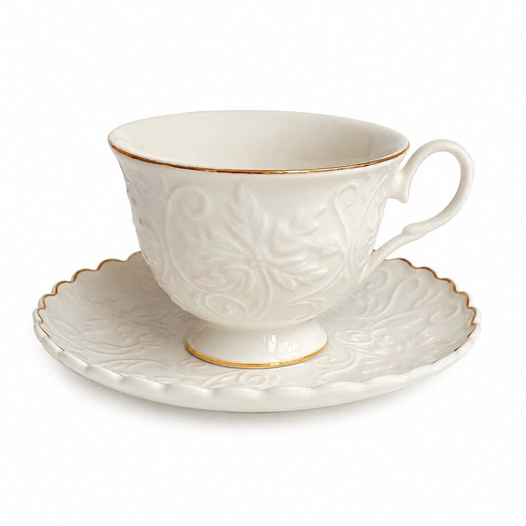 Raspberry Relief Gold Detail Cup and Saucer Set, 2 Cups 2 Saucers with Stand - product view 2
