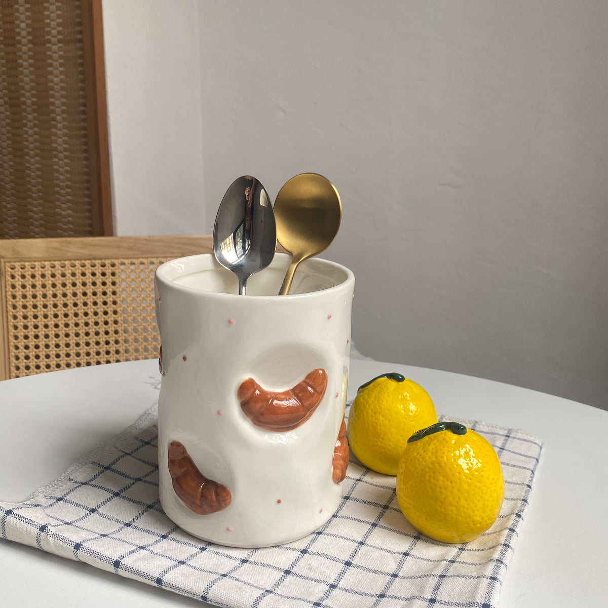 Ceramic Croissant Storage Jar, Small 14 x 11 cm, Relief Detail, Kitchen Food Container - detail 1