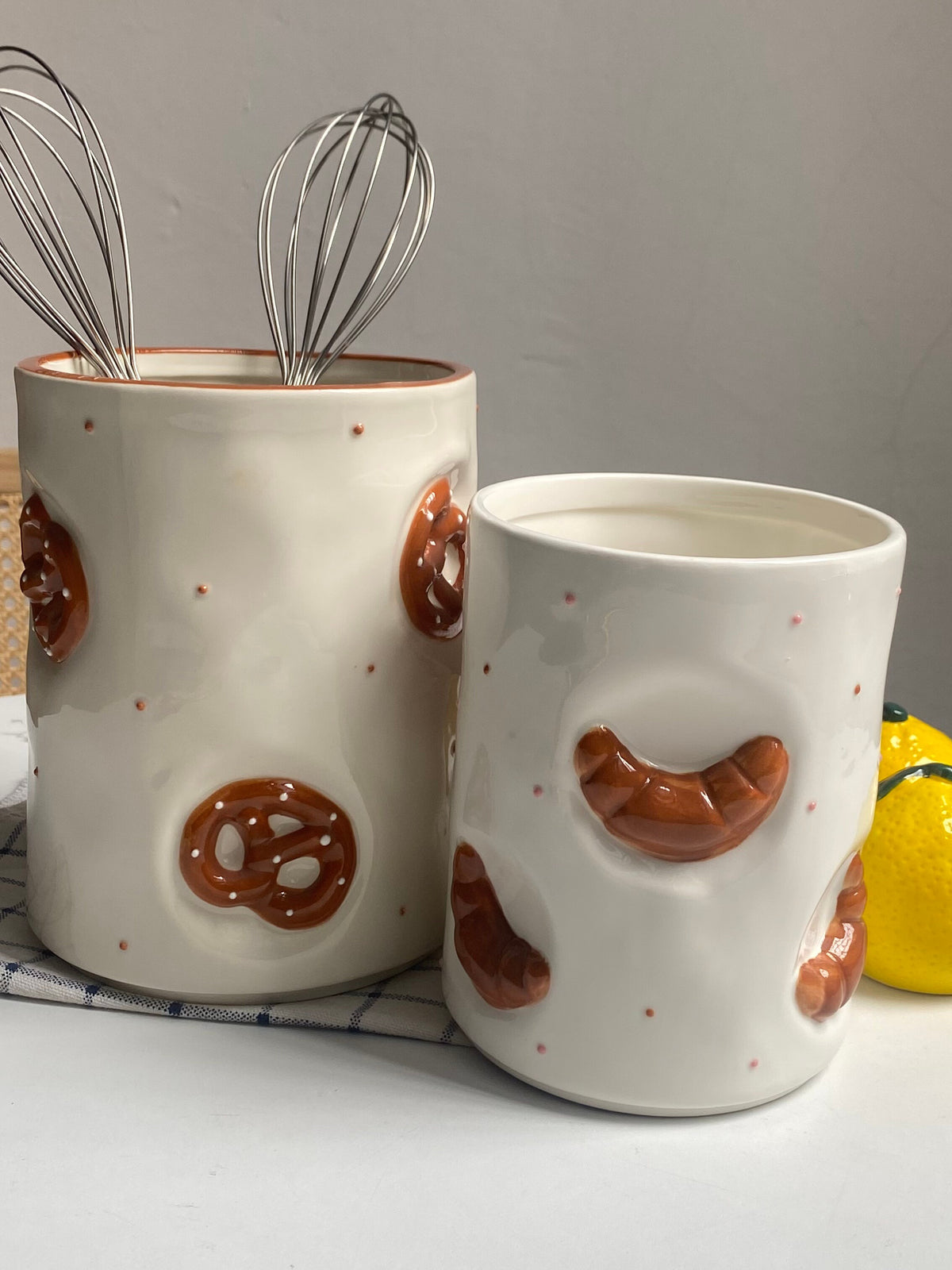 Ceramic Croissant Storage Jar, Small 14 x 11 cm, Relief Detail, Kitchen Food Container - detail 3