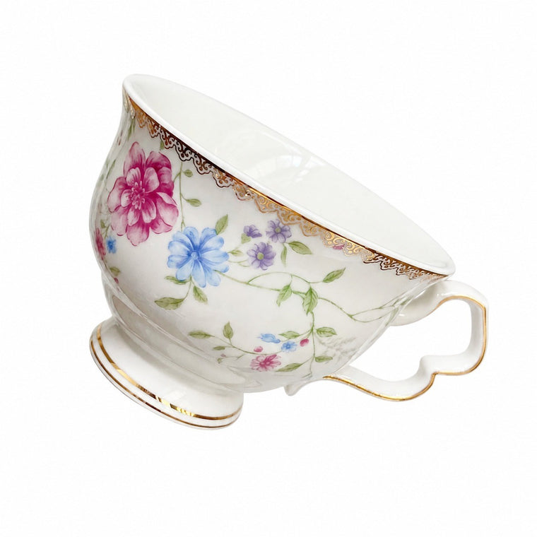 Ceramic Cup Red Blue Floral Vine 250 ml, Gold Painted Detailing - product view 2