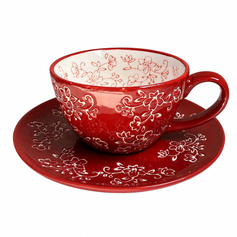 Red Carved Floral Ceramic Cup and Saucer Set, 300 ml, 1 Cup 1 Saucer, Relief Detail - product view 1