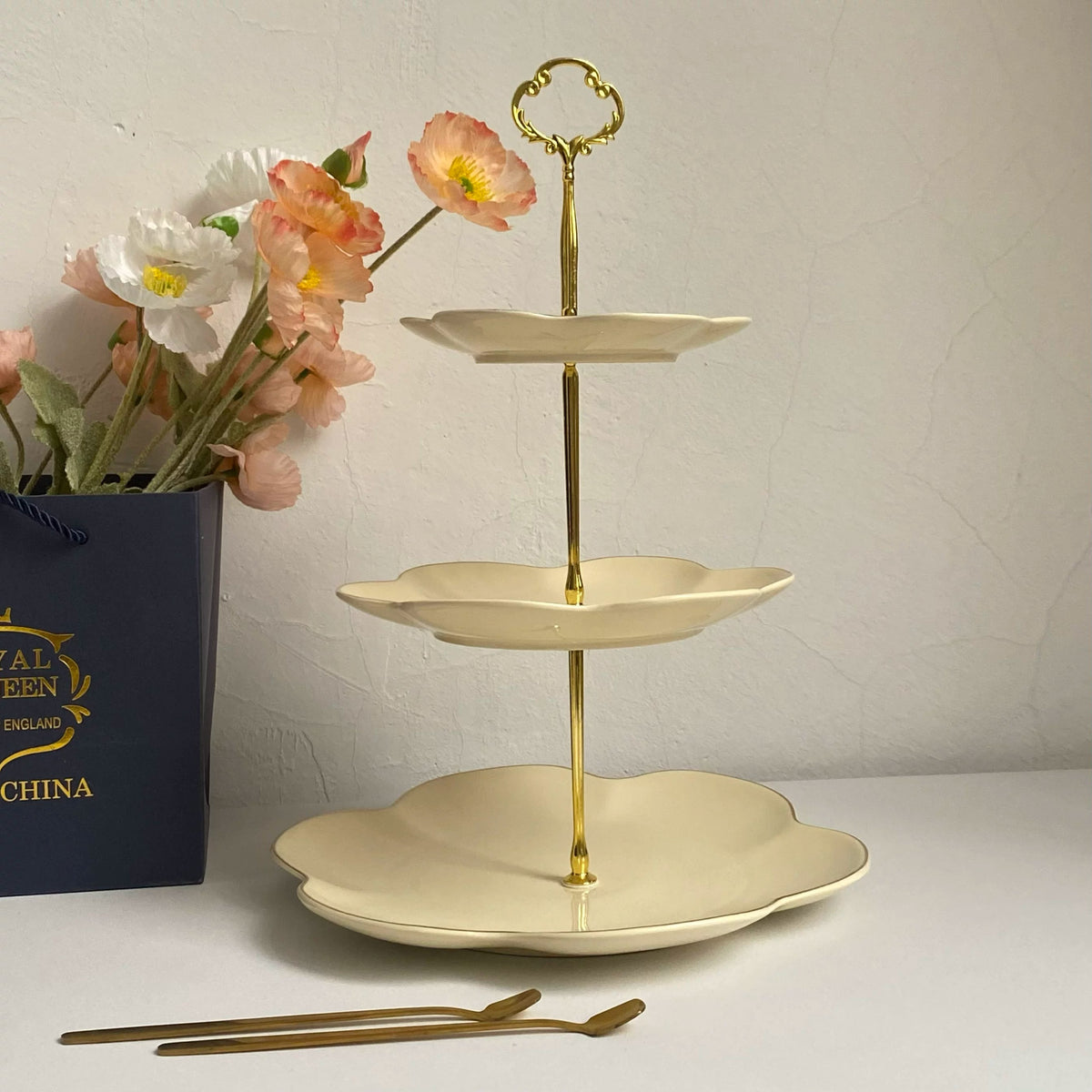 Gold-Detailed Three-Tier Dessert Plate, Ceramic Tiered Serving Stand - detail 1