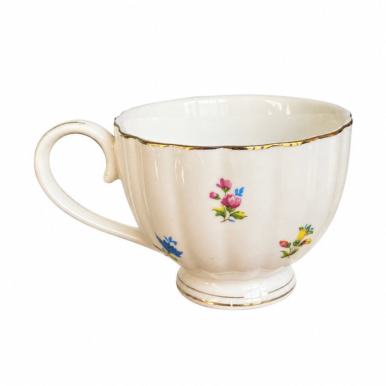 White Base Small Floral Ceramic Cup, 120 ml, Gold Painted Detail - product view 1
