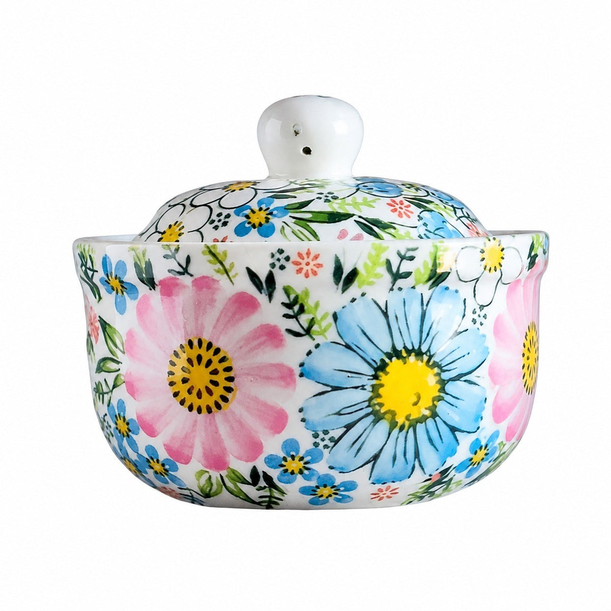 Small Covered Ceramic Stew Bowl, Hand-Painted - product view 3