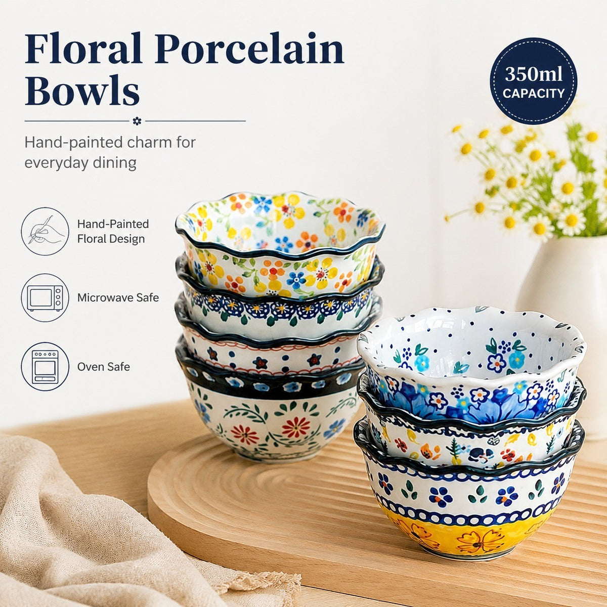 Underglaze Porcelain Floral Bowl, 5.2 Inch, Hand-Painted - detail 2