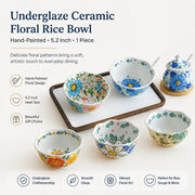Underglaze Ceramic Floral Rice Bowl, 5.2 Inch, Hand-Painted - detail 2