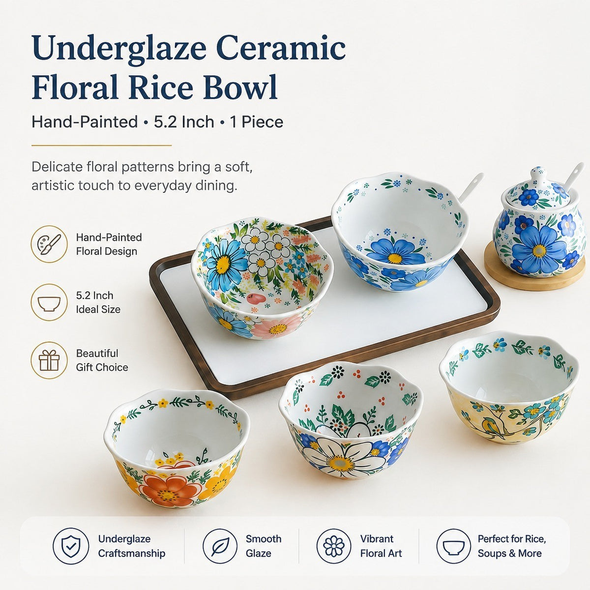 Underglaze Ceramic Floral Rice Bowl, 5.2 Inch, Hand-Painted - detail 2