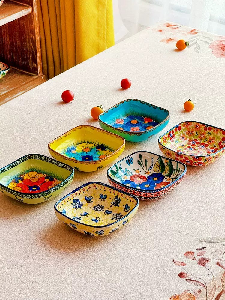 Underglaze Porcelain Square Deep Dish, Hand-Painted - detail 1