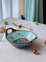 Sea Peacock Flower Underglaze Porcelain Salad Bowl, Ocean Blue, Double-Handled - detail 2
