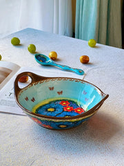 Sea Peacock Flower Underglaze Porcelain Salad Bowl, Ocean Blue, Double-Handled - detail 3