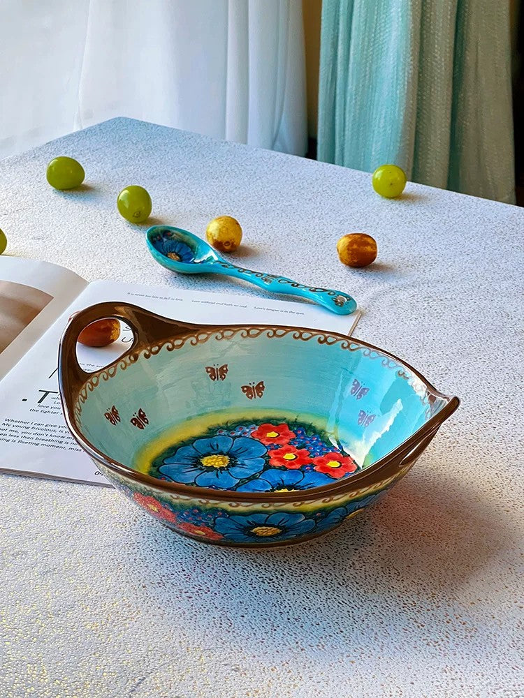 Sea Peacock Flower Underglaze Porcelain Salad Bowl, Ocean Blue, Double-Handled - detail 3