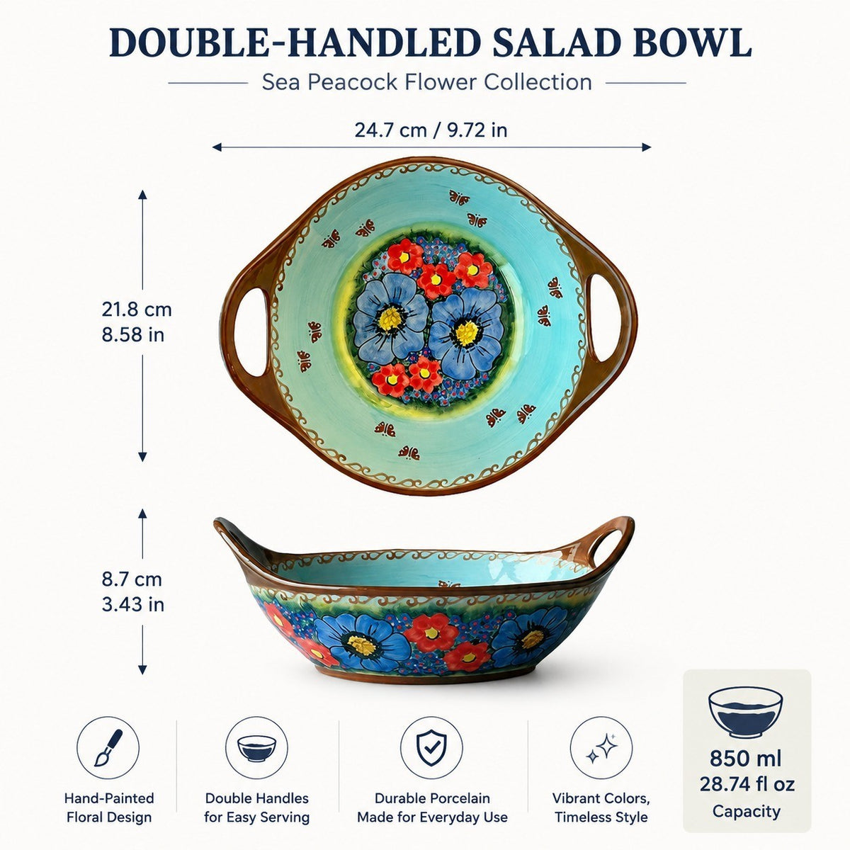 Sea Peacock Flower Underglaze Porcelain Salad Bowl, Ocean Blue, Double-Handled - detail 1