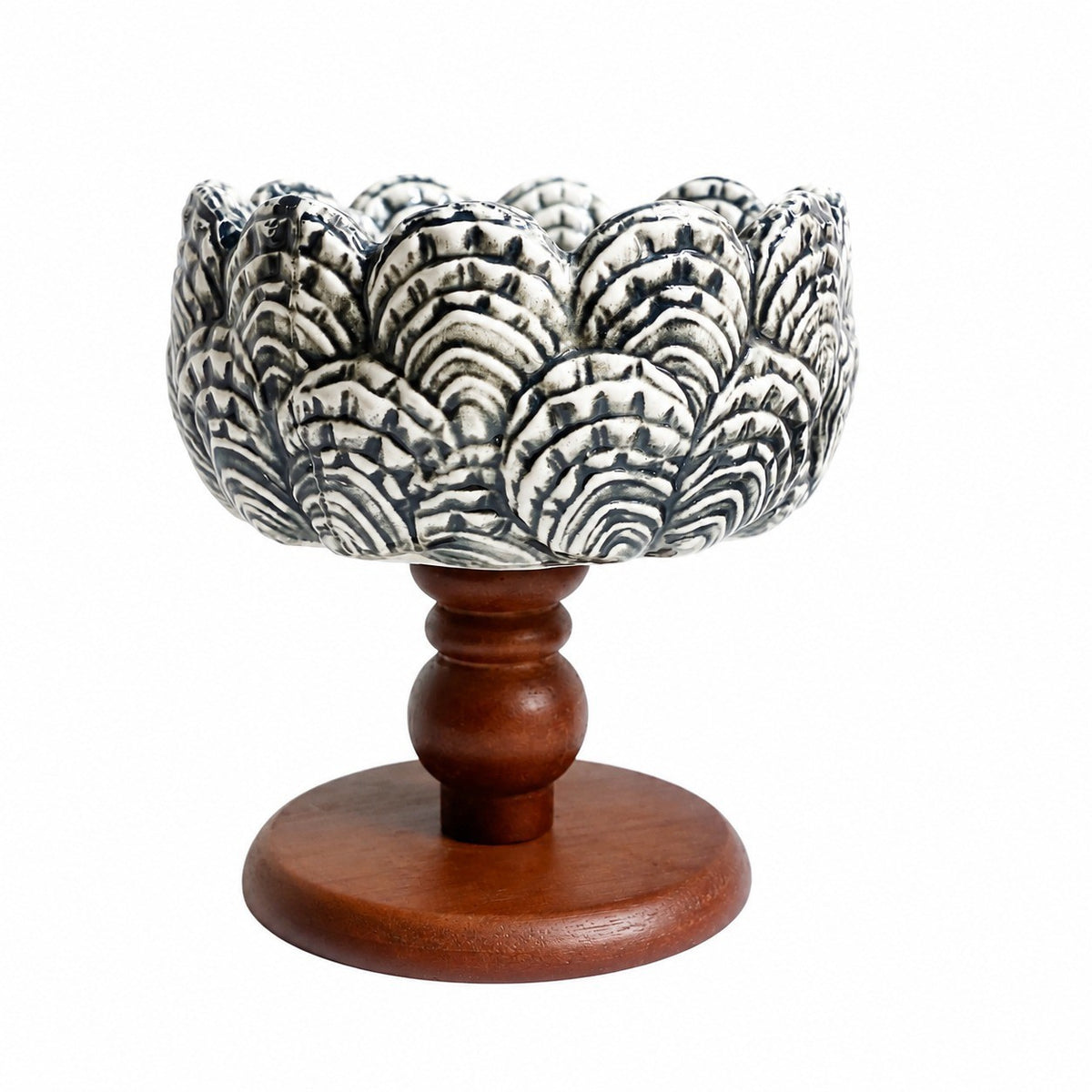 Pedestal Black Feather Relief Ceramic Bowl, Hand-Painted - product view 2