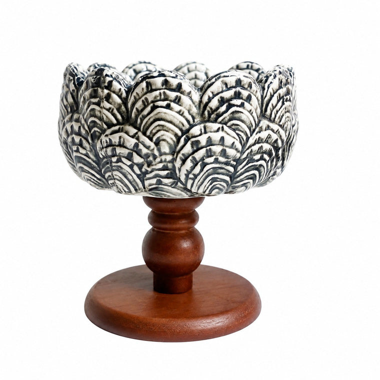 Pedestal Black Feather Relief Ceramic Bowl, Hand-Painted - product view 2