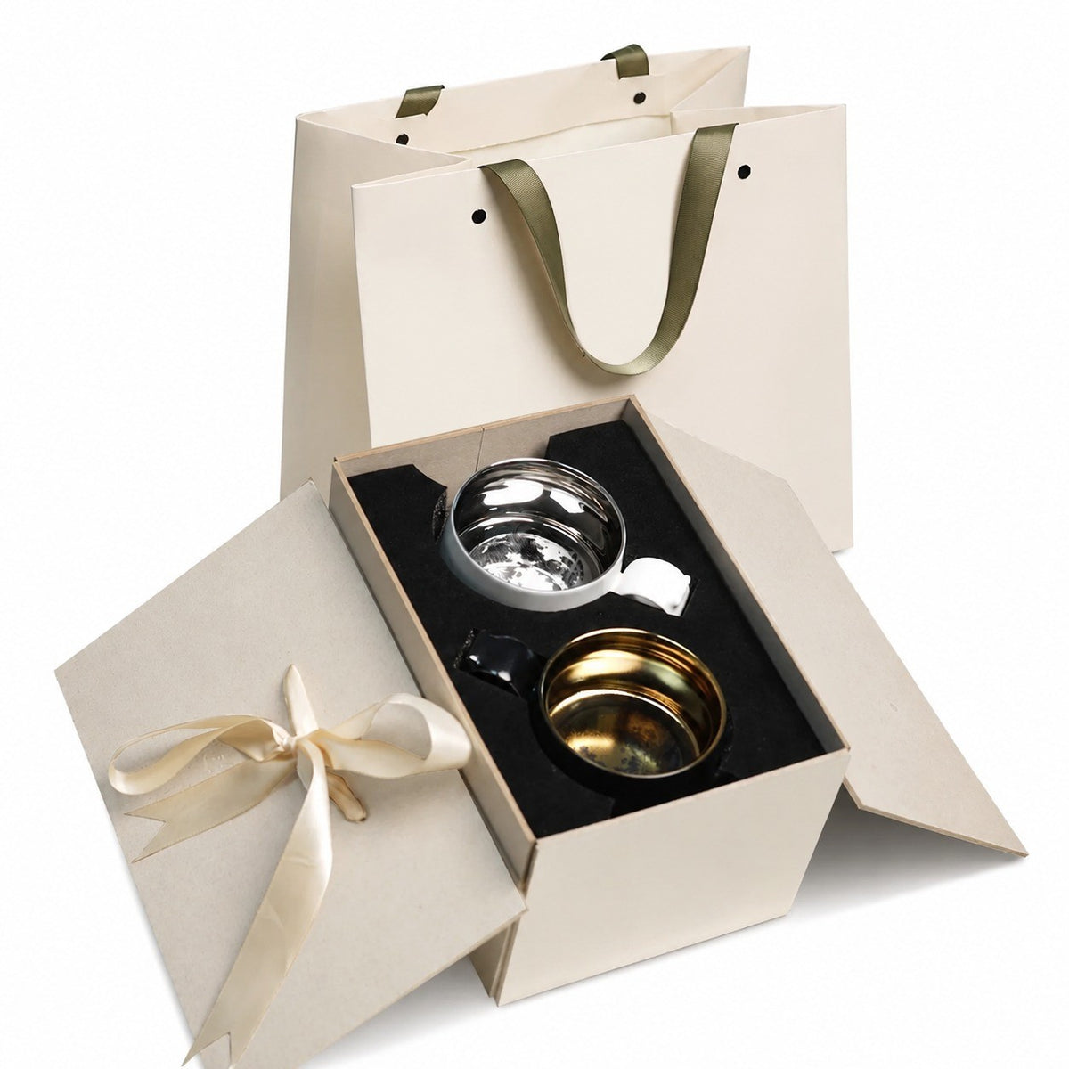 Ceramic Coffee Cup Pair, Starry Black Iris & Pale Celadon Magnolia, Boxed Set - product view 7