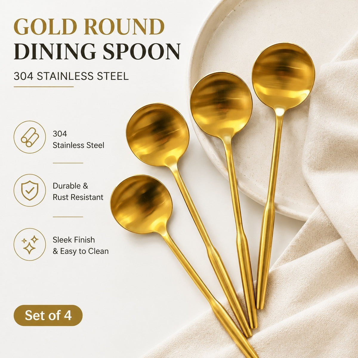 304 Stainless Steel Round Dining Spoon, Gold Tone Tabletop Accessory - detail 2